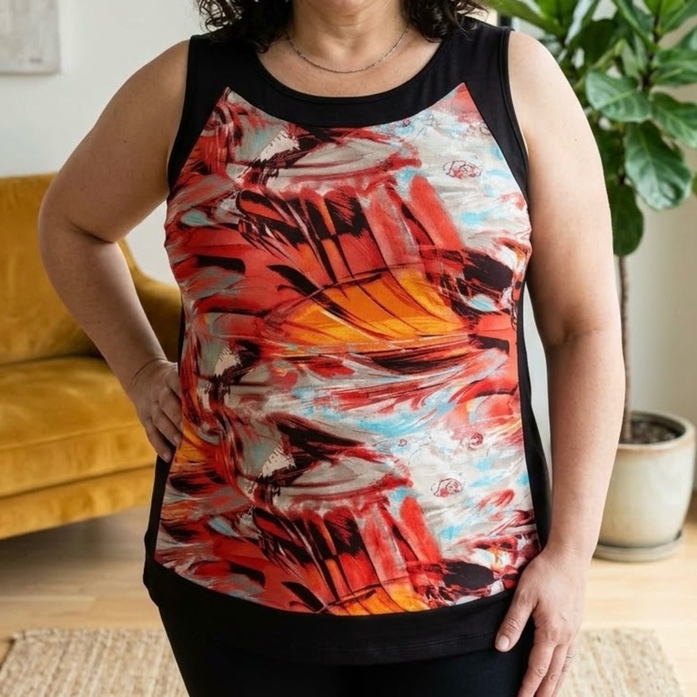 Libra Abstract Painterly Art Tank Black Slimming Panels Sleeveless Top Eclectic